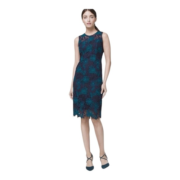 White House Black Market Illusion Lace Sheath Dress Navy Floral Midi EUC Zipper - Picture 2 of 16